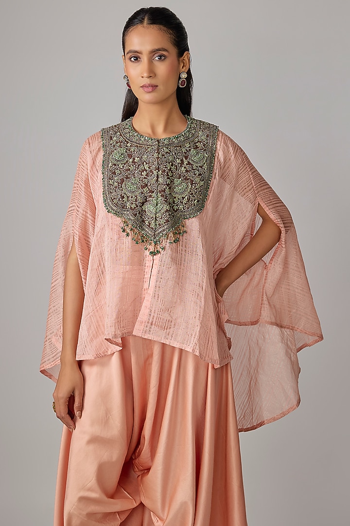 Peach Tissue Thread Work Kaftan Set by Prisho at Pernia's Pop Up Shop