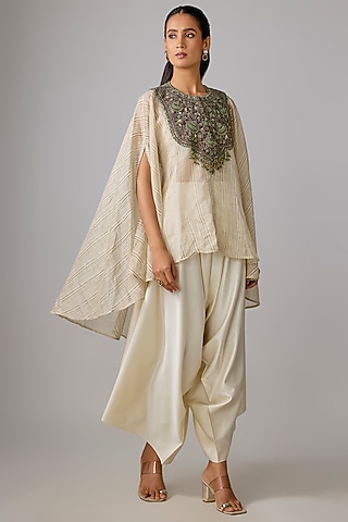 Ivory Tissue Thread Work Kaftan Set by Prisho