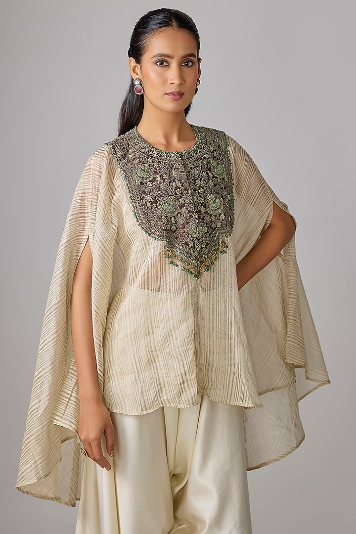 Ivory Tissue Thread Work Kaftan Set by Prisho at Pernia's Pop Up Shop