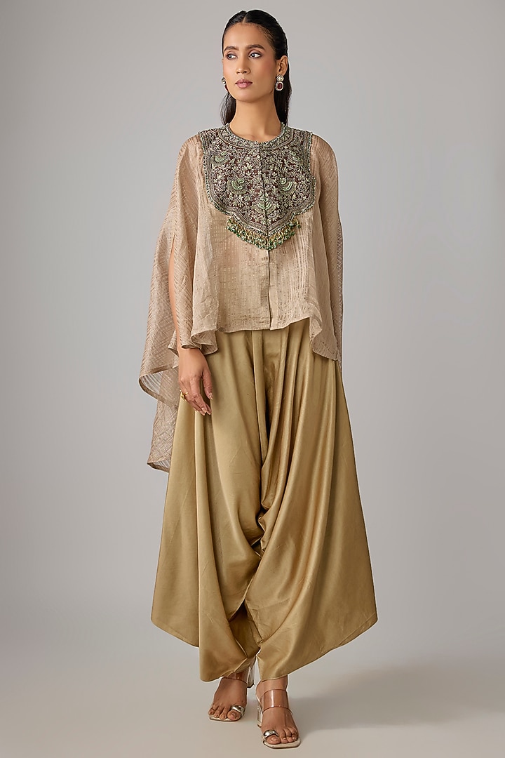 Champagne Crushed Tissue Thread Work Kaftan Set by Prisho at Pernia's Pop Up Shop