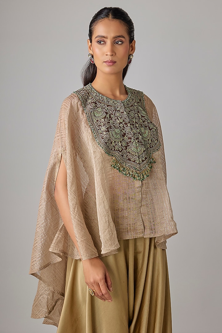 Champagne Crushed Tissue Thread Work Kaftan Set by Prisho at Pernia's Pop Up Shop
