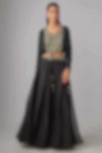 Black Organza Thread Work Skirt Set by Prisho at Pernia's Pop Up Shop