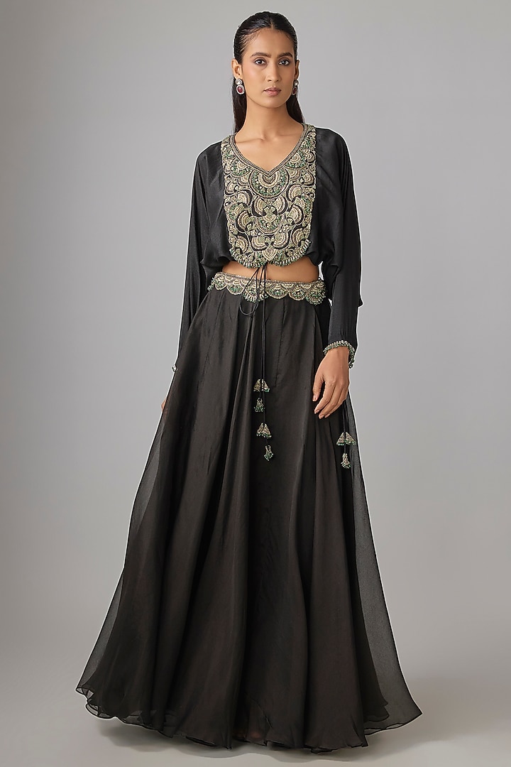 Black Organza Thread Work Skirt Set by Prisho at Pernia's Pop Up Shop