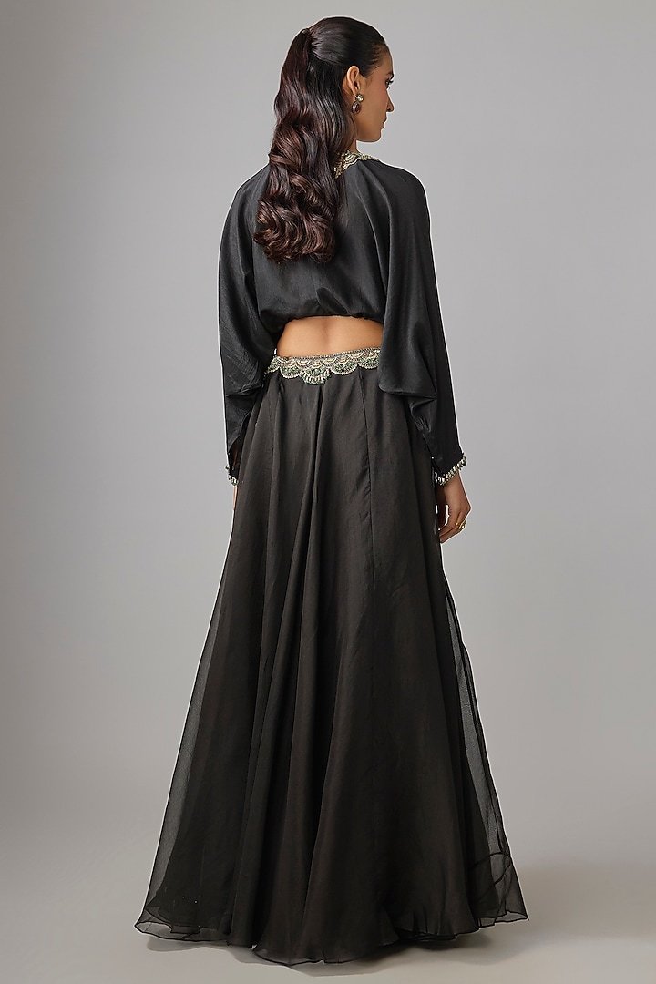 Black Organza Thread Work Skirt Set by Prisho at Pernia's Pop Up Shop