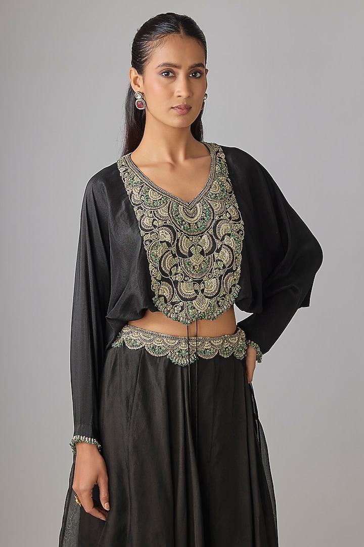 Black Organza Thread Work Skirt Set by Prisho at Pernia's Pop Up Shop