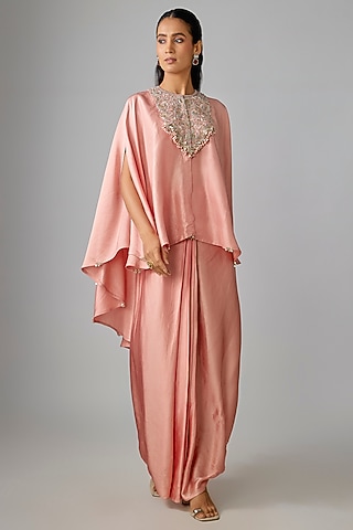 Peach Modal Satin Skirt Set by Prisho