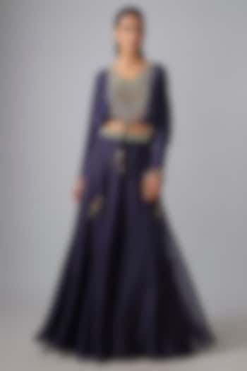 Royal Blue Organza Thread Work Skirt Set by Prisho at Pernia's Pop Up Shop