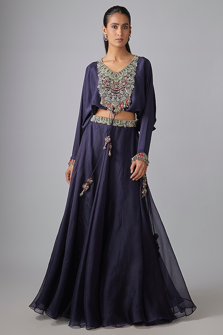 Royal Blue Organza Thread Work Skirt Set by Prisho at Pernia's Pop Up Shop