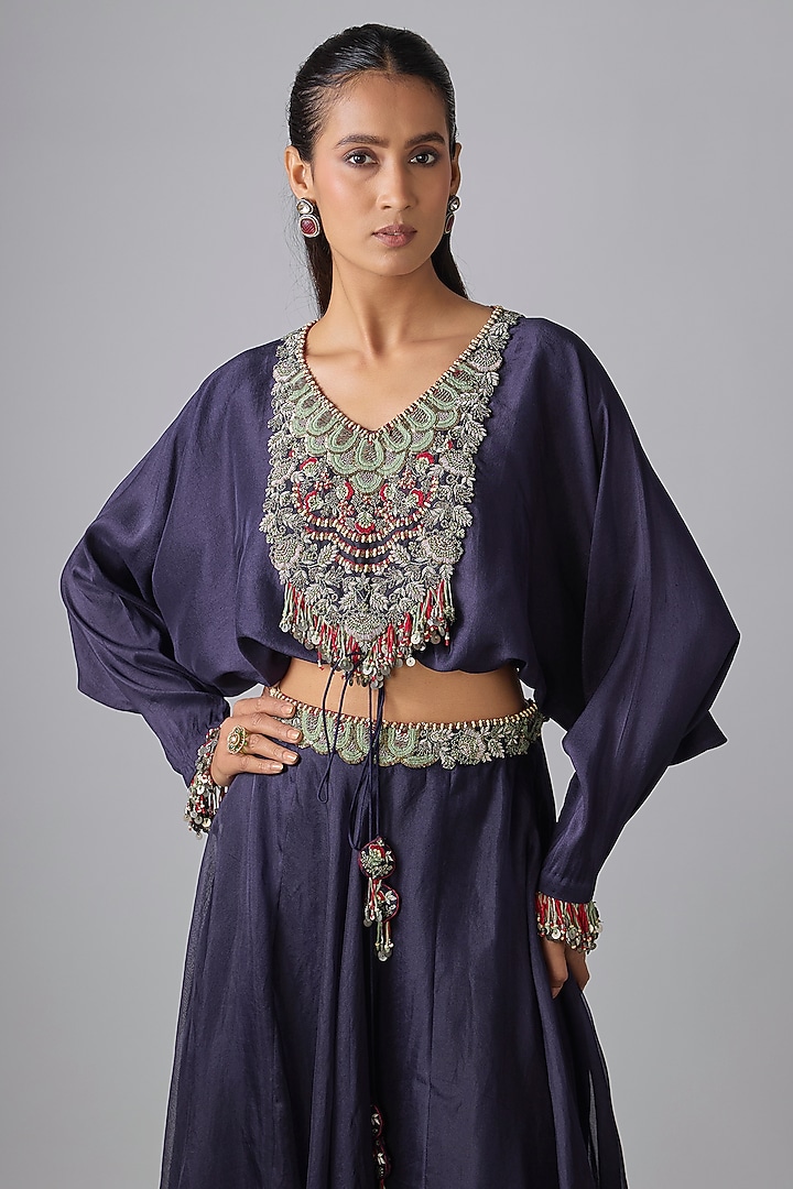 Royal Blue Organza Thread Work Skirt Set by Prisho at Pernia's Pop Up Shop