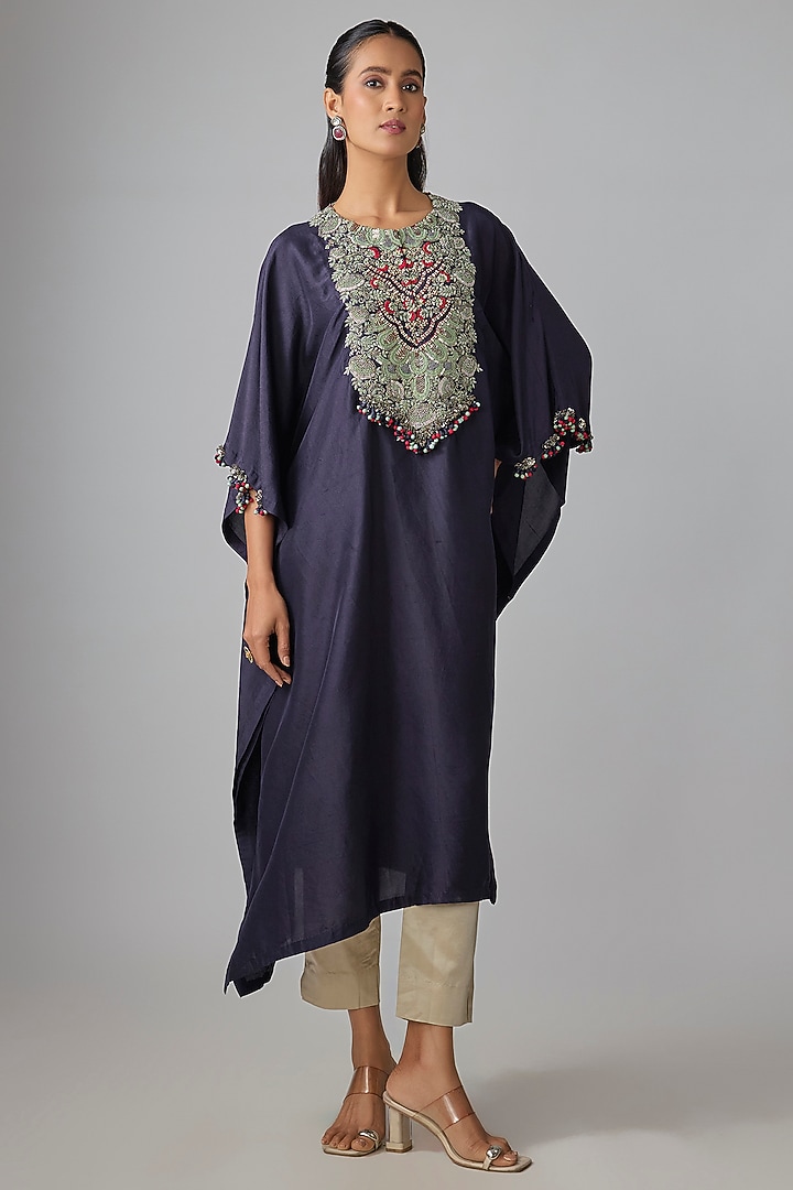 Royal Blue Silk Thread Work Kaftan Set by Prisho at Pernia's Pop Up Shop