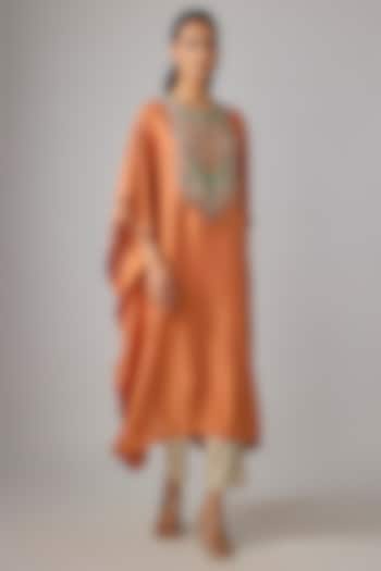 Rust Silk Thread Work Kaftan Set by Prisho at Pernia's Pop Up Shop