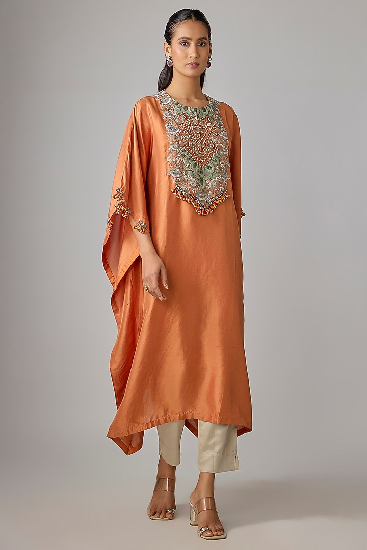 Rust Silk Thread Work Kaftan Set by Prisho at Pernia's Pop Up Shop