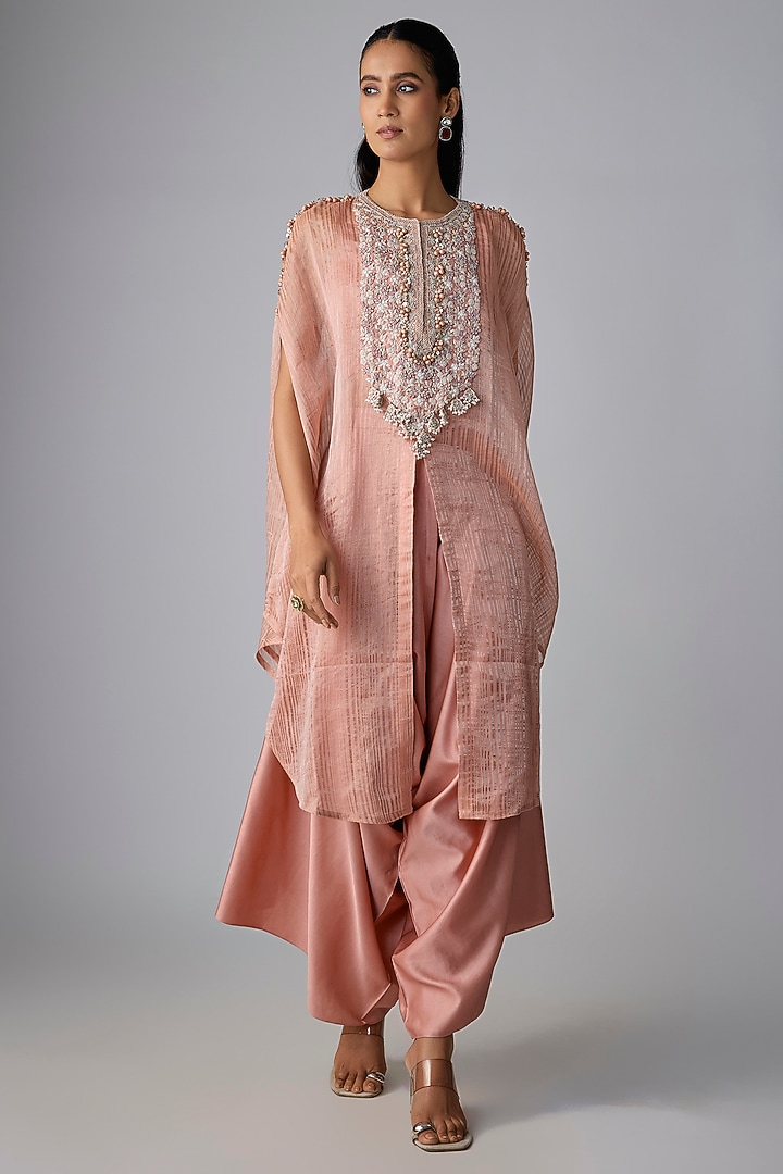 Peach Tissue Resham Work Kaftan Set by Prisho at Pernia's Pop Up Shop