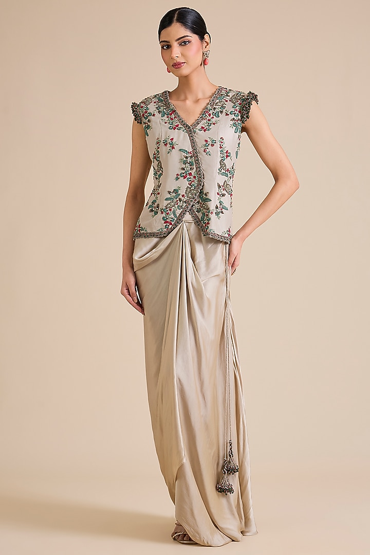 Smoke Grey Silk Thread Work Jacket Set by Prisho at Pernia's Pop Up Shop