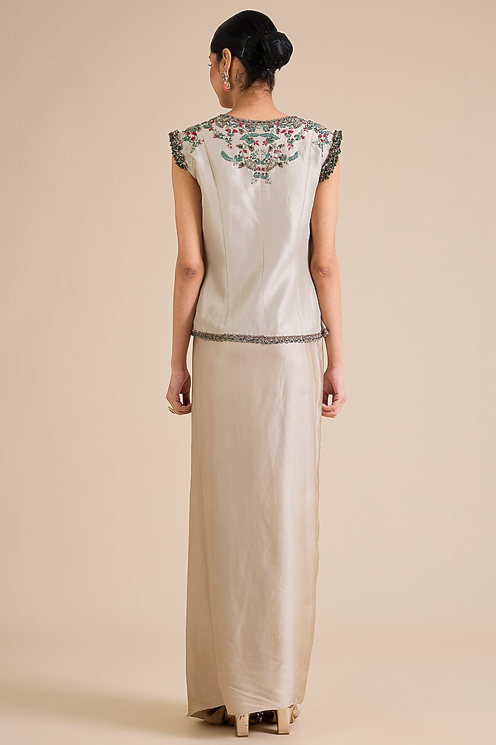 Smoke Grey Silk Thread Work Jacket Set by Prisho at Pernia's Pop Up Shop