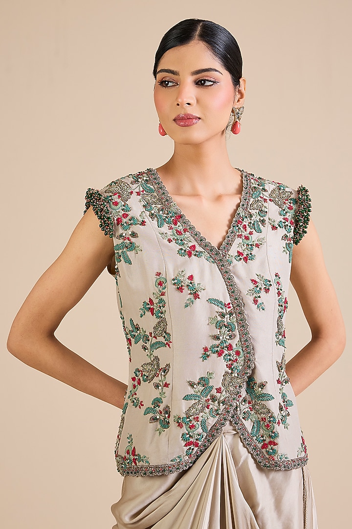 Smoke Grey Silk Thread Work Jacket Set by Prisho at Pernia's Pop Up Shop