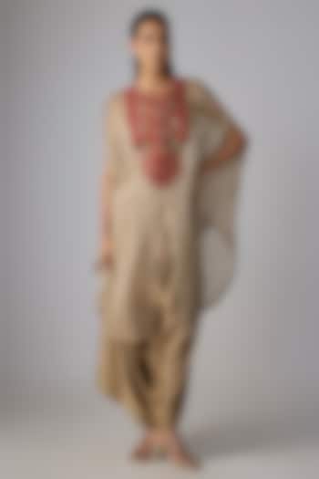 Beige Tissue Threadwork Kaftan Set by Prisho at Pernia's Pop Up Shop