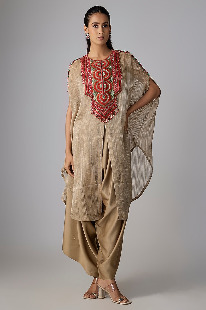 Beige Tissue Threadwork Kaftan Set by Prisho at Pernia's Pop Up Shop