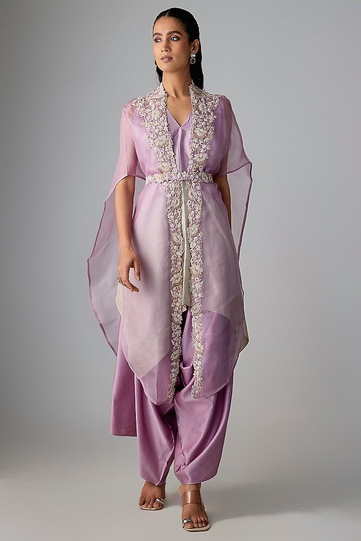 Lilac Organza Resham & Moti Work Cape Set by Prisho at Pernia's Pop Up Shop