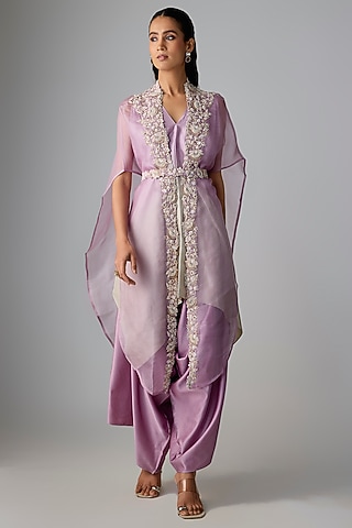 Lilac Organza Resham & Moti Work Cape Set by Prisho