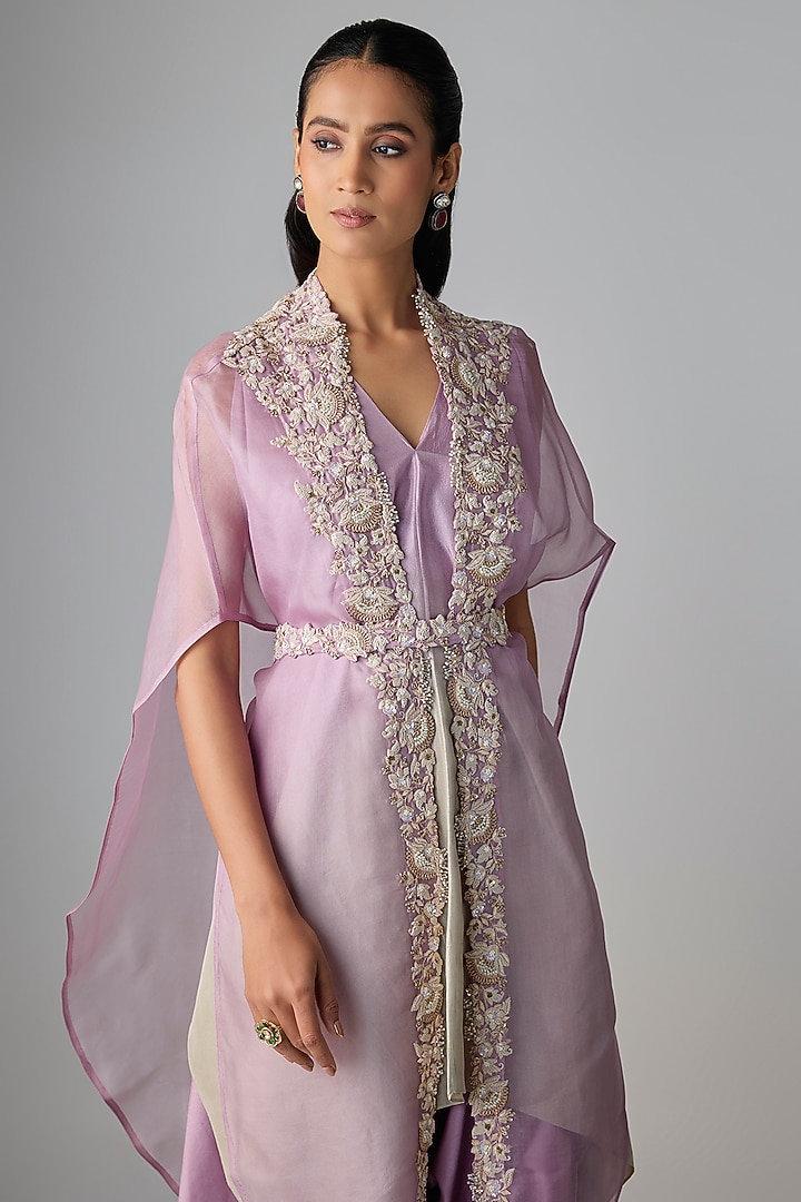 Lilac Organza Resham & Moti Work Cape Set by Prisho at Pernia's Pop Up Shop