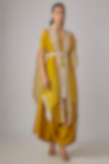 Mustard Organza Resham & Moti Work Cape Set by Prisho at Pernia's Pop Up Shop