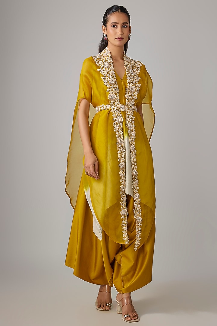 Mustard Organza Resham & Moti Work Cape Set by Prisho at Pernia's Pop Up Shop