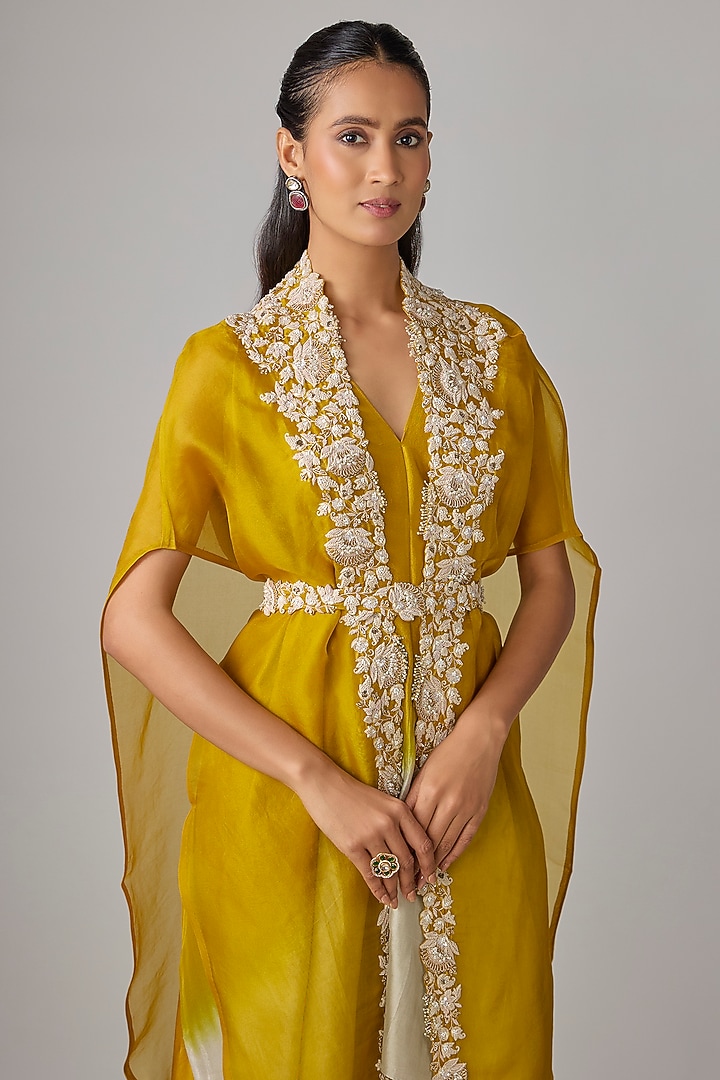 Mustard Organza Resham & Moti Work Cape Set by Prisho at Pernia's Pop Up Shop