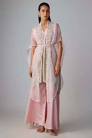 Flamingo Pink Organza Resham & Moti Work Cape Set by Prisho