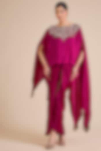 Fuchsia Silk Resham Work A-Line Kaftan Set by Prisho at Pernia's Pop Up Shop