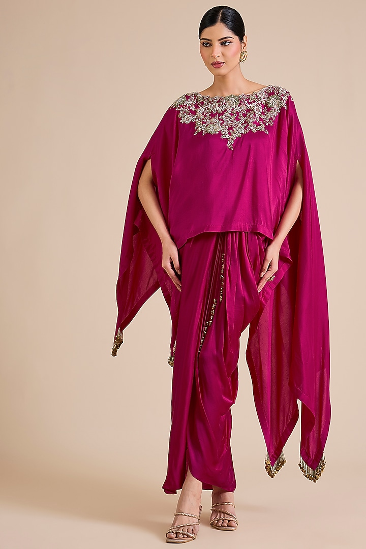 Fuchsia Silk Resham Work A-Line Kaftan Set by Prisho at Pernia's Pop Up Shop