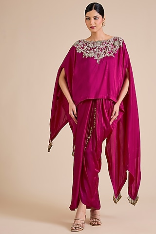 Fuchsia Modal Satin Draped Skirt Set by Prisho