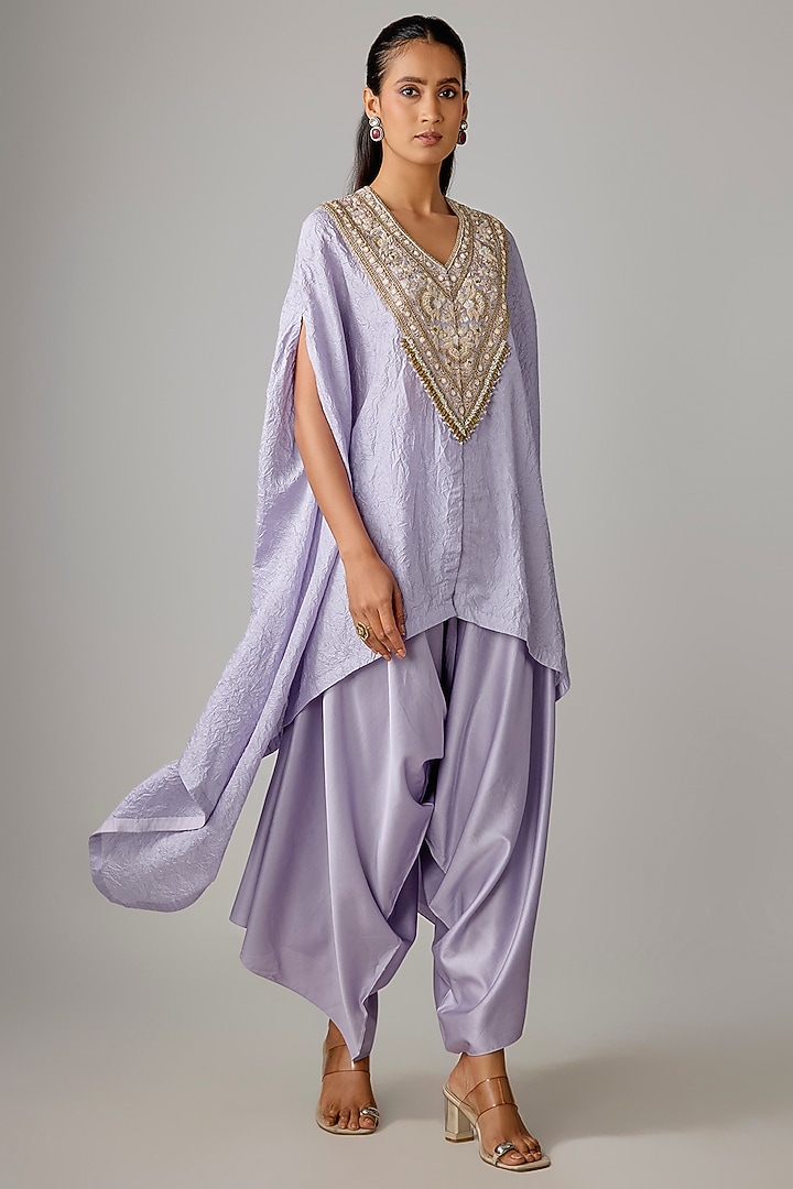 Lilac Crushed Silk Resham Work Kaftan Set by Prisho at Pernia's Pop Up Shop