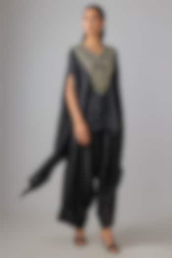 Black Crushed Silk Resham Work Kaftan Set by Prisho at Pernia's Pop Up Shop