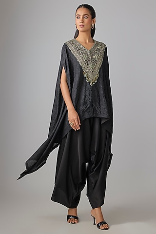 Black Crushed Silk Resham Work Kaftan Set by Prisho
