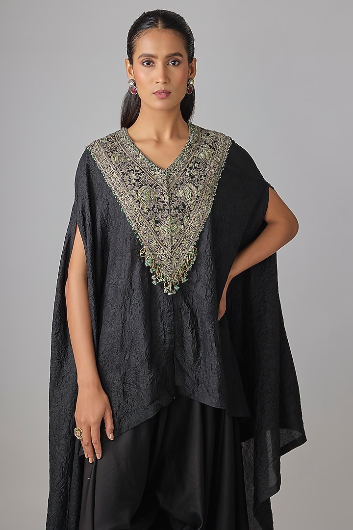 Black Crushed Silk Resham Work Kaftan Set by Prisho at Pernia's Pop Up Shop