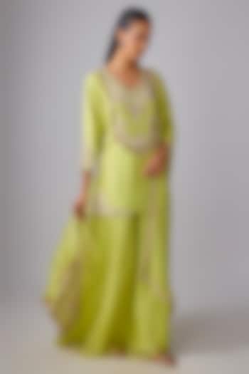 Light Lemon Green Silk Resham Work Kurta Set by Prisho at Pernia's Pop Up Shop