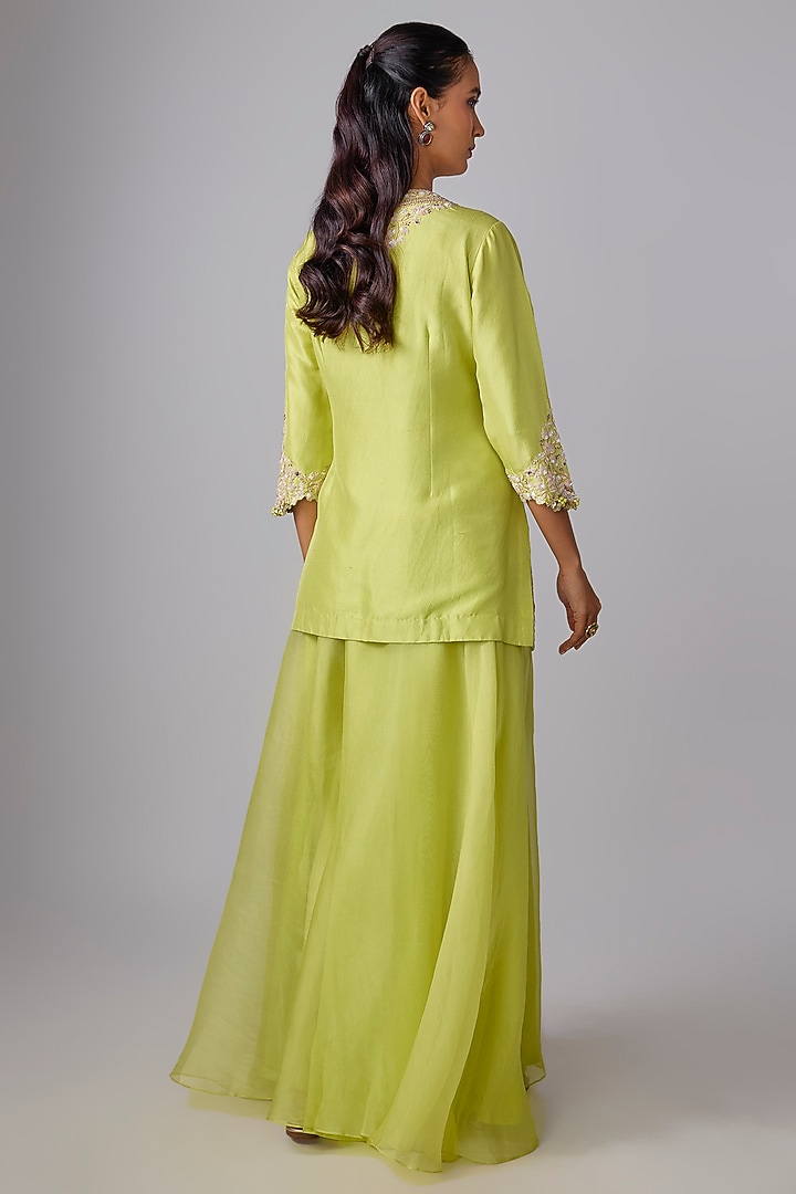 Light Lemon Green Silk Resham Work Kurta Set by Prisho at Pernia's Pop Up Shop