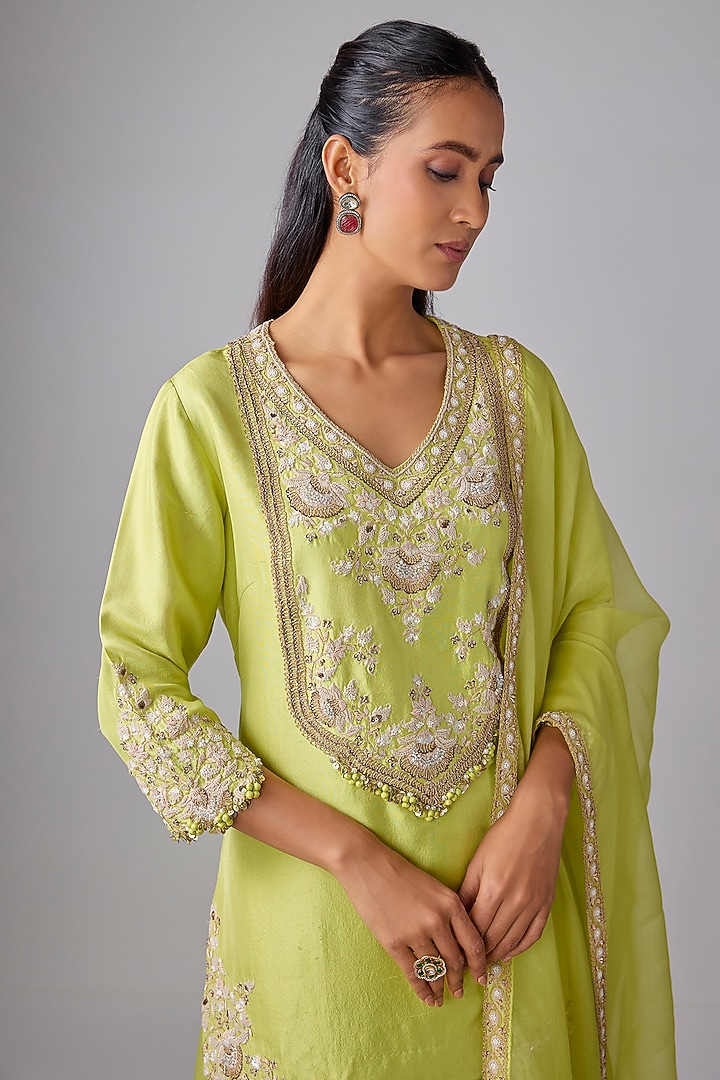 Light Lemon Green Silk Resham Work Kurta Set by Prisho at Pernia's Pop Up Shop