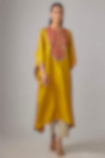 Mustard Silk Thread Work Kaftan Set by Prisho at Pernia's Pop Up Shop