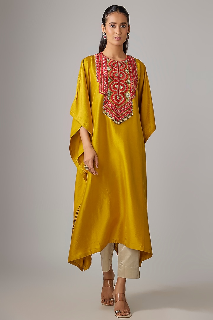 Mustard Silk Thread Work Kaftan Set by Prisho at Pernia's Pop Up Shop