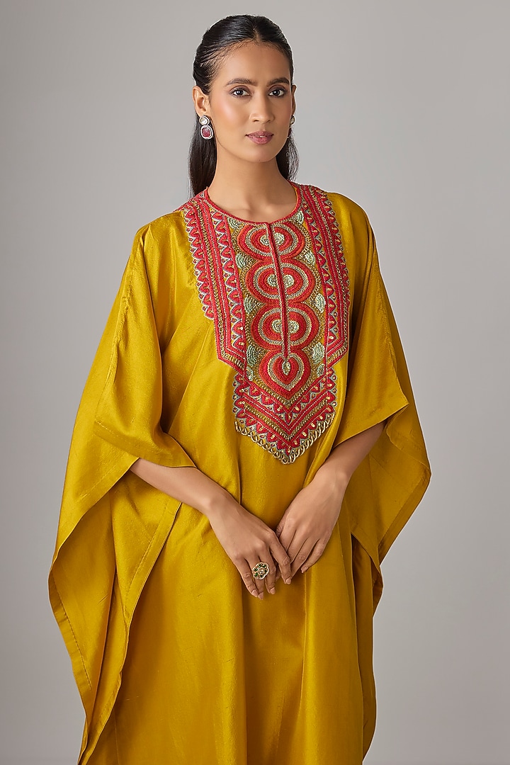 Mustard Silk Thread Work Kaftan Set by Prisho at Pernia's Pop Up Shop