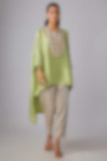 Lime Green Silk Moti & Resham Work Kaftan Set by Prisho at Pernia's Pop Up Shop
