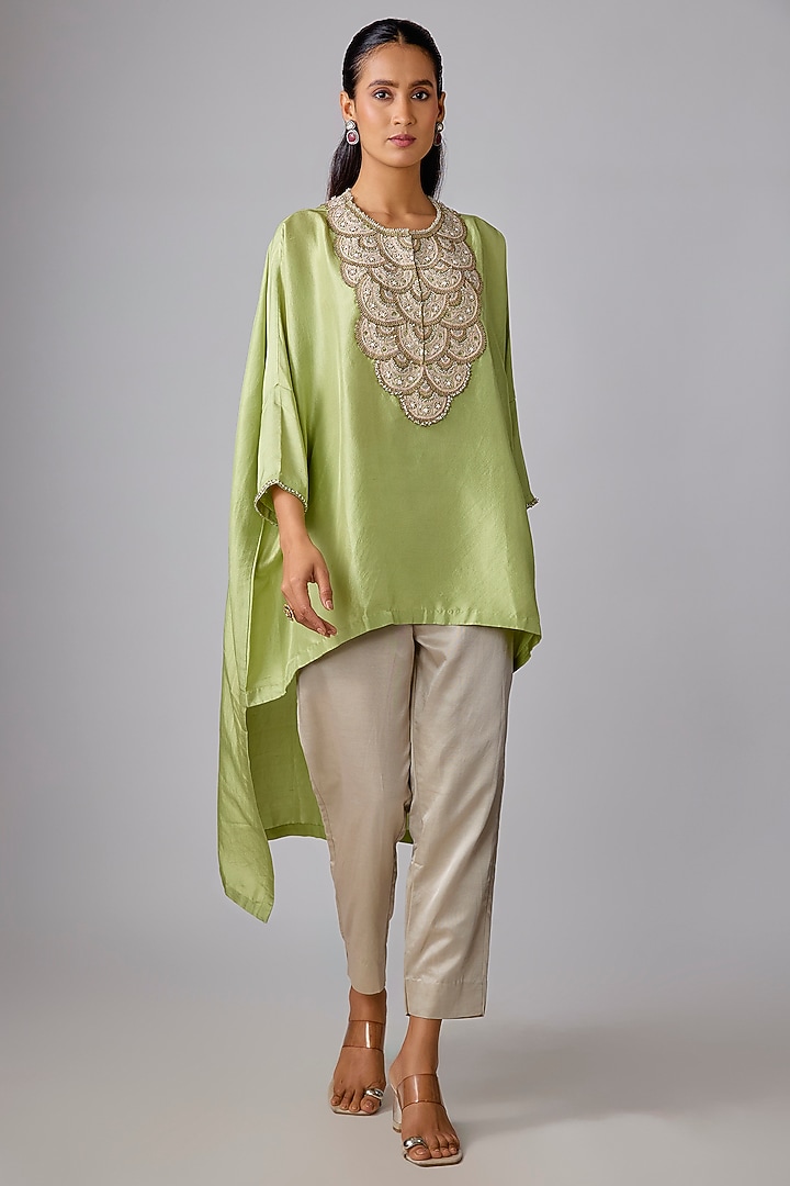 Lime Green Silk Moti & Resham Work Kaftan Set by Prisho at Pernia's Pop Up Shop