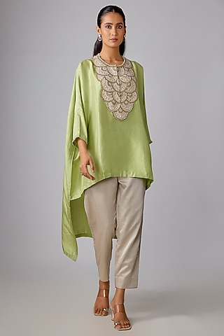 Lime Green Silk Moti & Resham Work Kaftan Set by Prisho