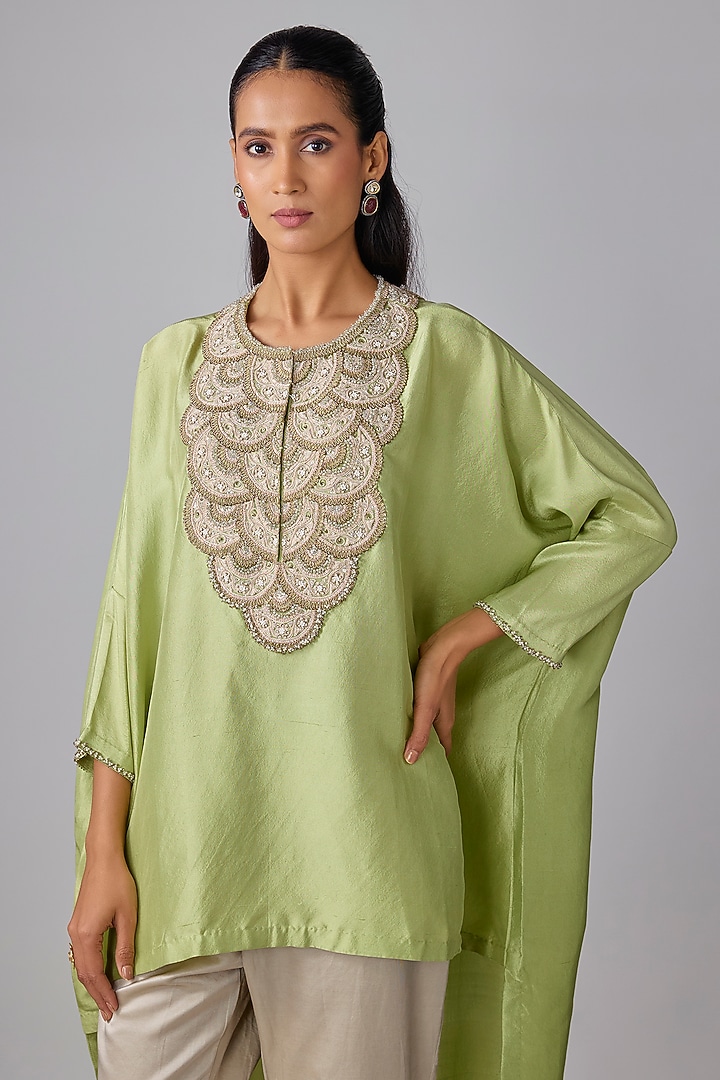 Lime Green Silk Moti & Resham Work Kaftan Set by Prisho at Pernia's Pop Up Shop