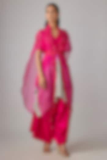 Fuchsia Pink Organza Resham Work Cape Set by Prisho at Pernia's Pop Up Shop