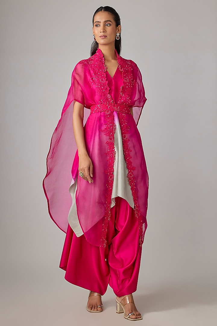 Fuchsia Pink Organza Resham Work Cape Set by Prisho at Pernia's Pop Up Shop