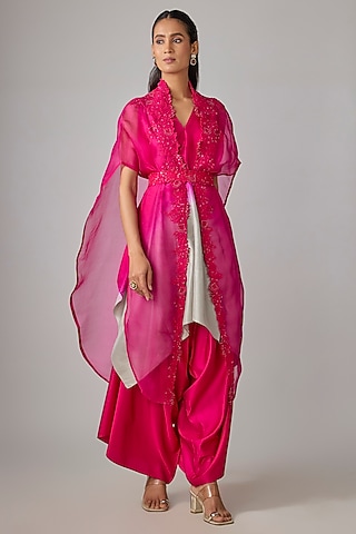 Fuchsia Pink Organza Resham Work Cape Set by Prisho