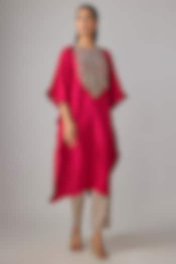 Cherry Red Silk Dori Work Kaftan Set by Prisho at Pernia's Pop Up Shop